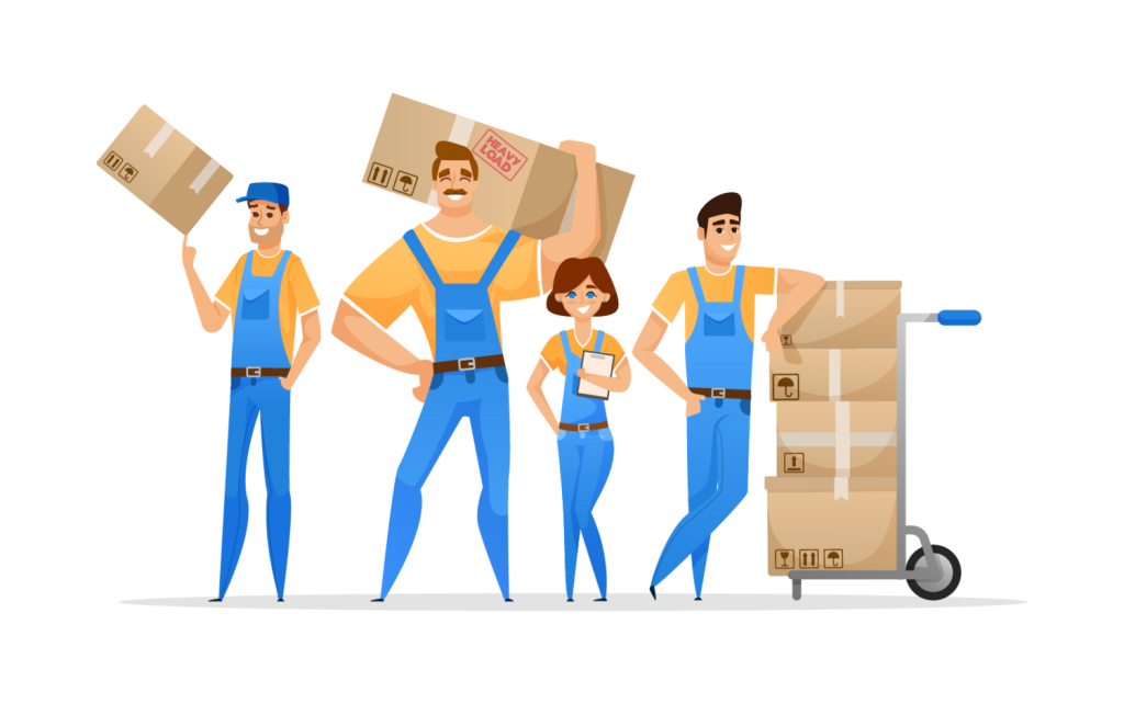 Animated moving company employees with cardboard boxes in their hands